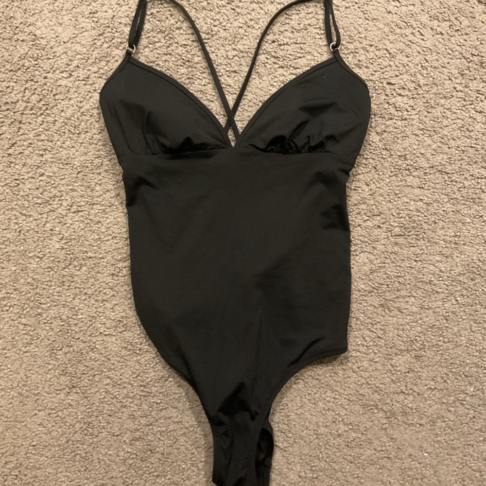 Athleta Black Strappy Bodysuit Swimsuit 1pc Bathing Suit Summer Vacation sz L
